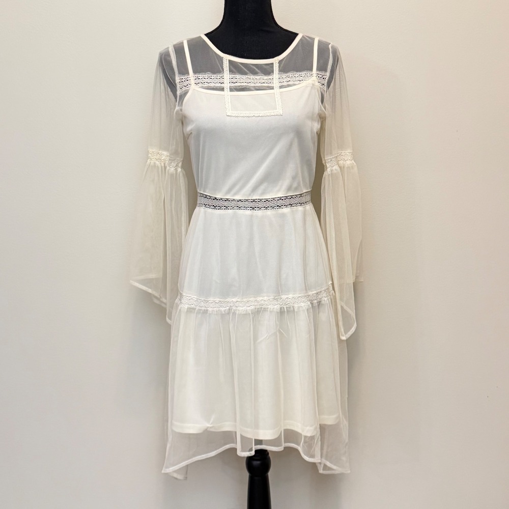 Altar'd State Ivory Mesh Lace Bell Sleeve Boho Mini Dress Womens L Fairy Cottage